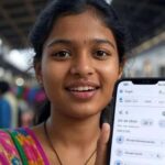 भारतीय युवती smartphone पर AI/translation tool इस्तेमाल करते हुए